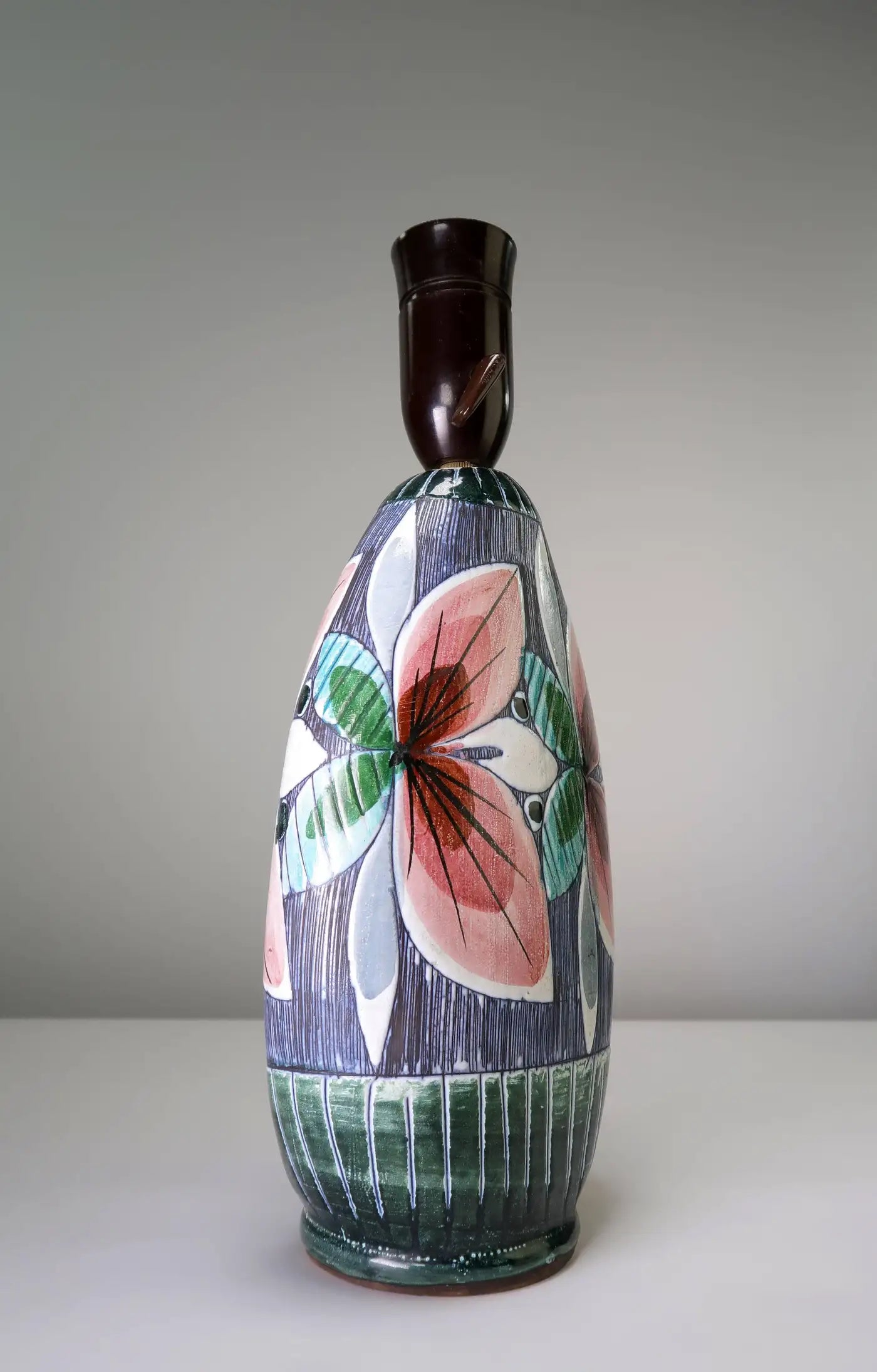 Swedish Floral Ceramic Table Lamp, 1950s