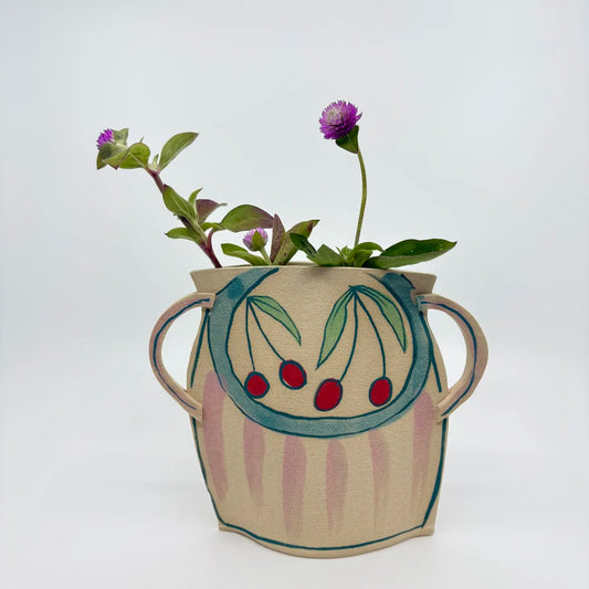 Striped Basket with Cherries Vase